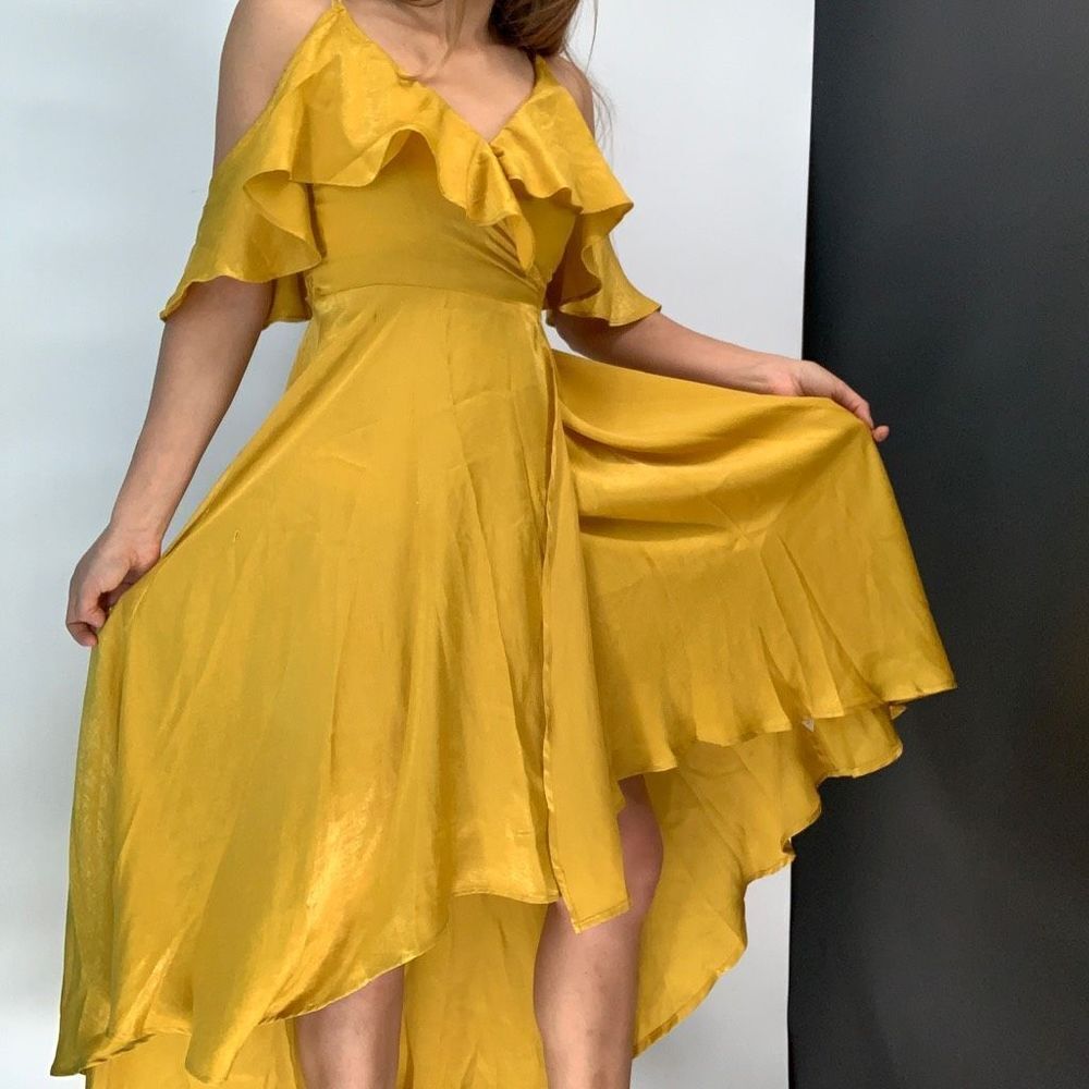 Lulu's yellow satin wrap dress maxi sz S